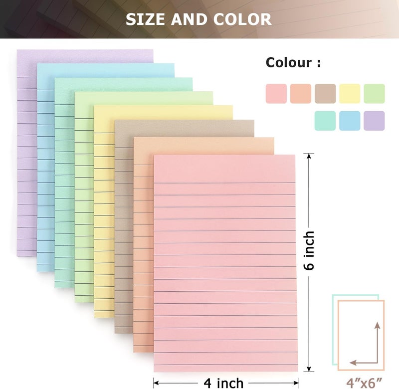 Eastern Wolf 4x6 Inch Lined Sticky Notes, 8 Pack, Light Colors, Premium Self-Adhesive Notepads, Large Sticky Pads for Office, School & Home Use, Easy to Use, Reusable & Removable - Image 3